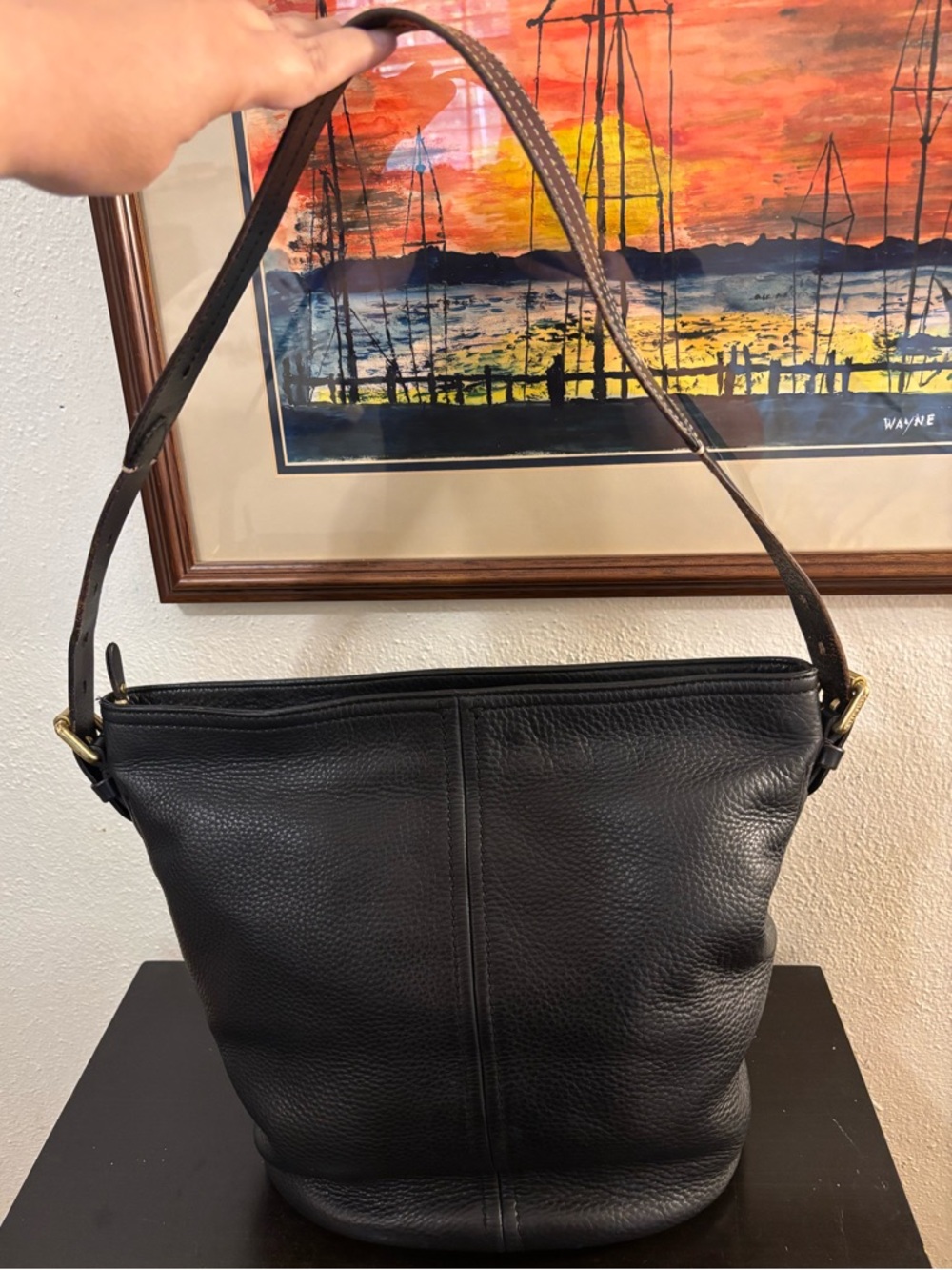 Cole Haan Pebbled Black Leather Bucket Shoulder Bag with Strap
